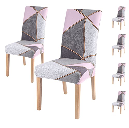 House of Quirk Spandex Chair Slipcovers for Dining Room, Polyester Chair Cover, Washable Seat Protectors (Set of 6, Grey Pink Prism)