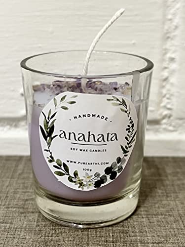 BAKA Amethyst Crystal Chips Infused Hand Poured Anahata Soy Wax Candles (Lavender Pack of 4)