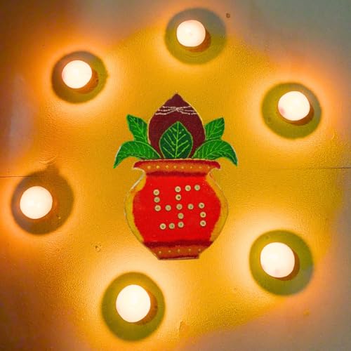 Ready Rangoli Cutouts - Elevate Your Rangoli with Zero Efforts - Kalash with Traditional Green Leaves and Coconut - Set of 2- Customization Available in Colour (Yellow/Orange/Red)