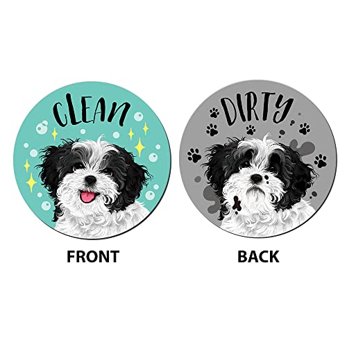 WIRESTER 3.5 inch Dishwasher Clean Dirty Flip Sign Double-Sided Decoration for Kitchen Dishwasher Washing Machine, Black White Shih Tzu