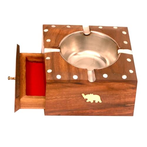 IndigoArts Wooden Cigarette Ashtray, Sheesham Wood Ash Tray with Drawer Smoke Ash Holder Tabletop Ash Catcher for Outdoors and Indoors with 4 Cigarette Holder Slots, Brown, 4 inch, 1 Pc