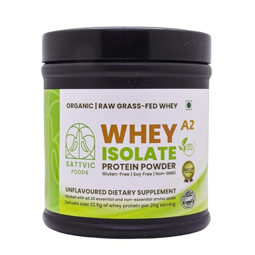 Sattvic Foods Certified Organic A2 Whey Protein Isolate (200 g) Unflavoured, Unadulterated | Performance Grade Grass-Fed, Non-GMO, 22.5g of protein per serving | Dietary Supplement For Muscle Recovery