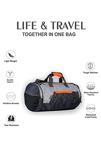 Gear Polyester Cross Training 22L Medium Water Resistant Travel Duffle Bag/Gym Bag/Sports Duffle For Men/Women - Grey Orange, 23.5 x 74 x 23.5 Centimeters