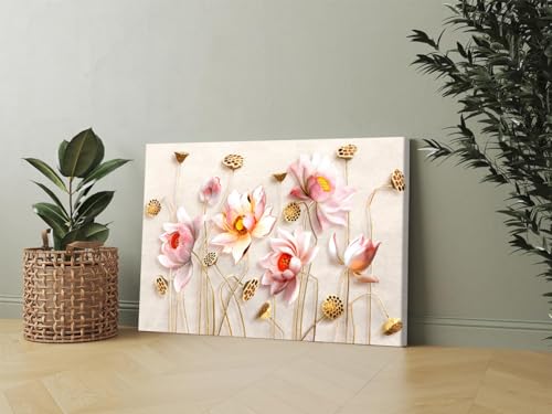 GADGETS WRAP Canvas Gallery Wrap Framed for Home Office Studio Living Room Decoration (17x11inch) - Gold & Pink Lotus Flowers