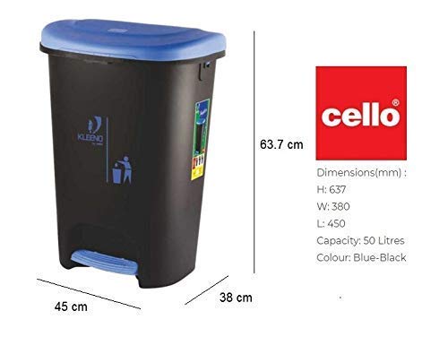 Cello Plastic Step-On Pedal Garbage Dustbin (50 Ltr, Black-Blue)