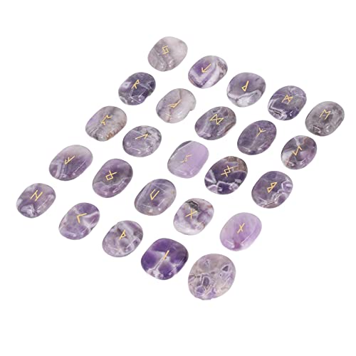 Stones Set, Natural Rune Stones Set Smoother Engraved Fine Polishing with Storage Bag for Gift (Amethyst)