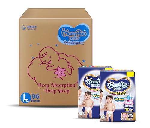 MamyPoko Pants Extra Absorb Baby Diapers, Large (L), 96 Count, 9-14 kg