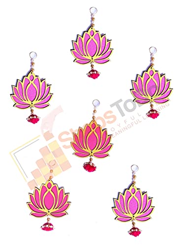 StepsToDo (with device) Hanging Wooden Lotus Cut-Out Handicraft. Set of 6. Rose Pink. Festive DIY Craft Material. Completely Wooden. Decoration for Any Festival, Diwali, Pooja, Wedding Gift.(6)