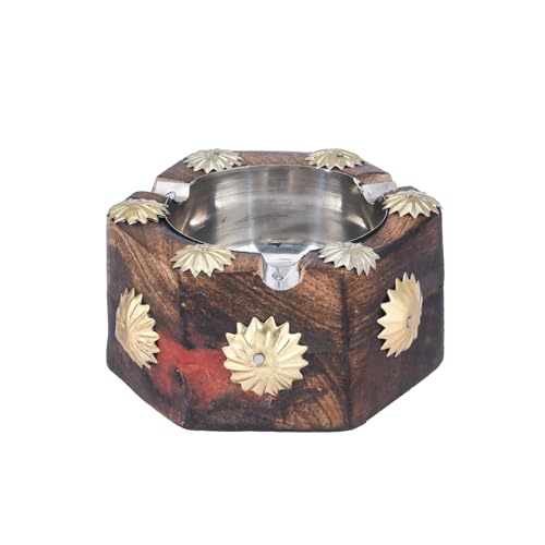 CRAFT FACTORY Handmade Wooden Round Ashtray with Lid – Classic Brown Design, 10x10x4 cm, Steel Cup Inside for Easy Cleaning