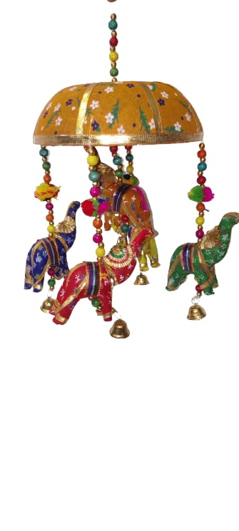 Udaan Fabric Rajasthani Traditional Windchimes|Handcrafted Latkan|Toran with 4 Decorative Hanging Elephants,Pack of 1 (RED)