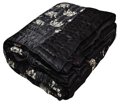 Indiafab Textiles Silk Cotton Soft Jaipuri Razai, Traditional Double Bed Winter Heavy Quilt Blanket (85X100 inches) (rama Black, Queen) (Double Bed) (King)