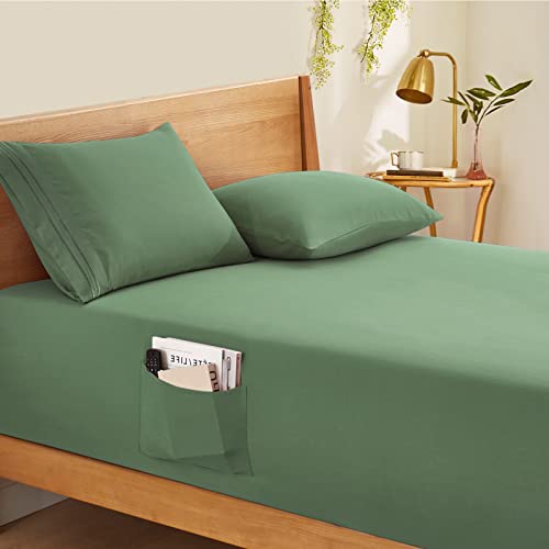 Horbaunal Extra Deep Pocket Queen Fitted Sheet Only - Fits Up to 24 Inch Mattress - Luxury 1800 Thread Count - Microfiber Forest Green Fitted Bed Sheet Queen Size