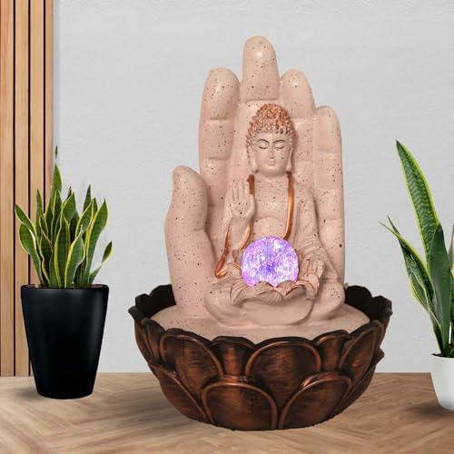 Art N Hub Hand Buddha Tabletop Waterfall Fountain Decorative Gift Items for Home and Office with Crystall Ball LED Light | Home Inauguration Gift Items (27 x 27 x 38 CM | Dotted Pink Copper)