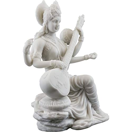 Top Collection Saraswati Statue - Hindu Goddess of Knowledge, Music & Art Sculpture in White Marble Finish- 5.75-Inch Figurine