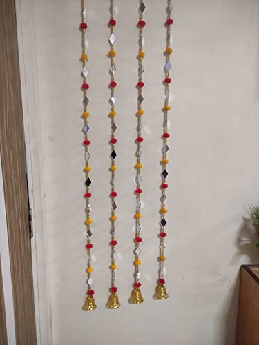 Shriya CREATION'S RED and Yellow Colour POM POM Door/Wall Hanging with Golden Beads, Golden Bell & Diamond Shaped Mirror(Set of Four-4.5 FEET)