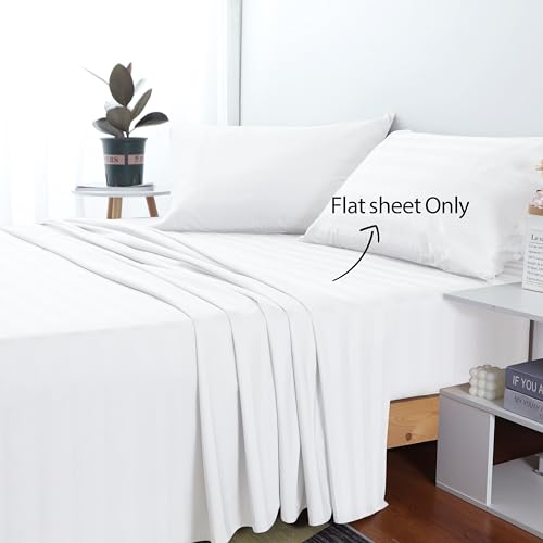 Cotton King Flat Sheet Only, 600 Thread Count 100% Egyptian Cotton Top Sheet 1Pcs, Cool & Breathable Flat Bed Sheets Wrinkle, Fade, Stain Resistant (White Stripe King)