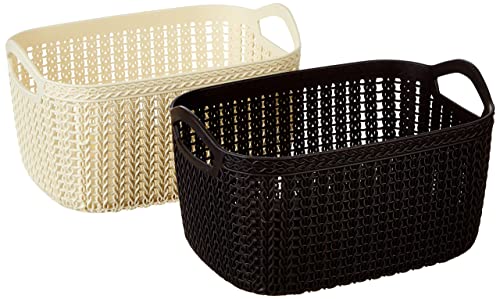 Kuber Industries Unbreakable Multipurpose Storage Basket With Handles Medium Size & Flexible Plastic Fruit/Vegetable/Bathroom/Stationary/Home Basket, Pack Of 2(Brown & Cream) -Ctktc39079, Rectangular