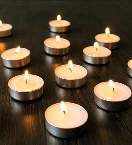 UEENLITE Tealight Wax Candles - Long-Lasting, Unscented, Bulk Pack for Home Décor and Relaxation - Eco-Friendly, Smokeless Tea Lights - Parties, and Spa Ambiance Burn time 5-6Hour - Set of 100