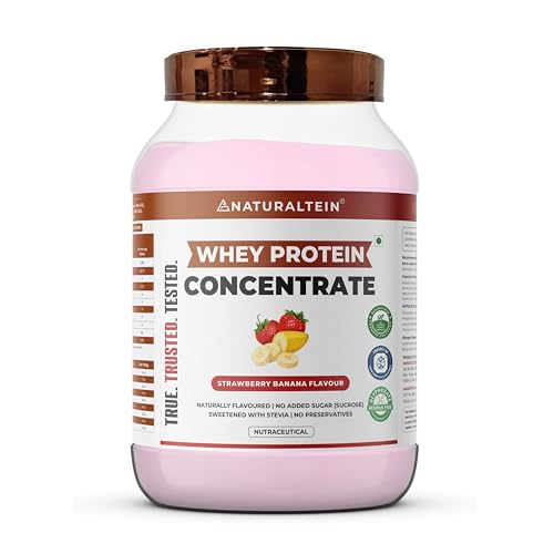 NATURALTEIN Natural Whey Protein Concentrate Strawberry Banana - 1 kg (Naturally flavored, Non GMO, No Artificial Sweeteners)