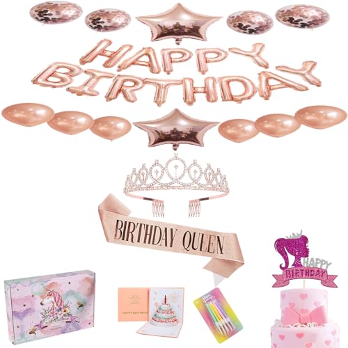 Birthday Decorations Gifts for Women Girls,Including Happy Birthday Banner Balloon, Birthday Queen Sash & Rhinestone Tiara Set ,Birthday Gift Card,Birthday Candles,Happy Birthday Cake Toppers