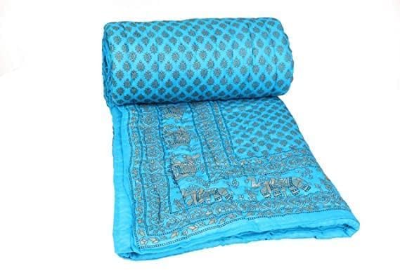 Om Enterprises Jaipuri 240 TC Double Bed Organic Cotton Jaipuri Razai Bed Blanket Quilt for Winter Soft Light Weight Jaipuri Traditional Rajai (Sky Blue, Double - 85x100 Inch)