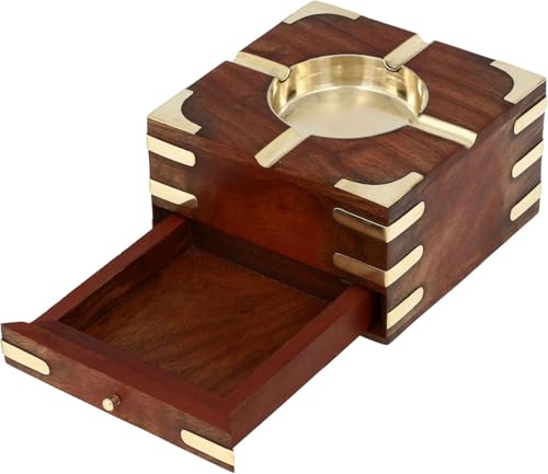 Wooden Ashtray with Brass Inlay, Square Design, Brown and Gold, Cigarette Holder with Storage