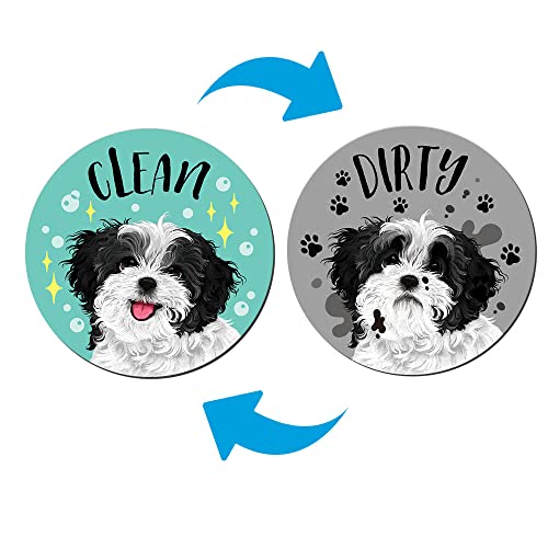 WIRESTER 3.5 inch Dishwasher Clean Dirty Flip Sign Double-Sided Decoration for Kitchen Dishwasher Washing Machine, Black White Shih Tzu