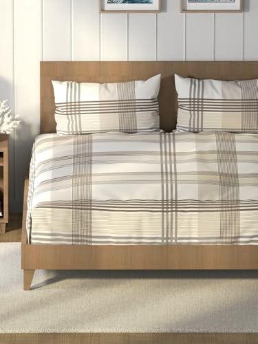 NAUTICA Super Soft 100% Cotton King Bedsheet and 2 Pillow Covers -3pc Set (raymarine) | 160 TC | Dust Proof Layer Added Stripe-Beige/Grey