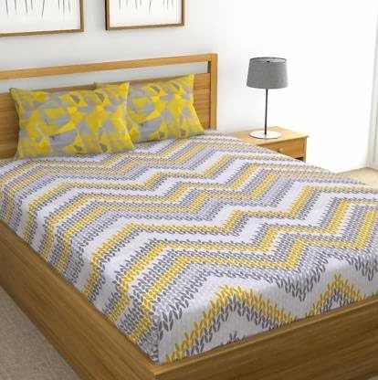 Proudly Made in India .100% Pure Cotton Double Bedsheet Amazing Desingn Cotton Bedding with 2 Pillow Covers (Yellow Grey)