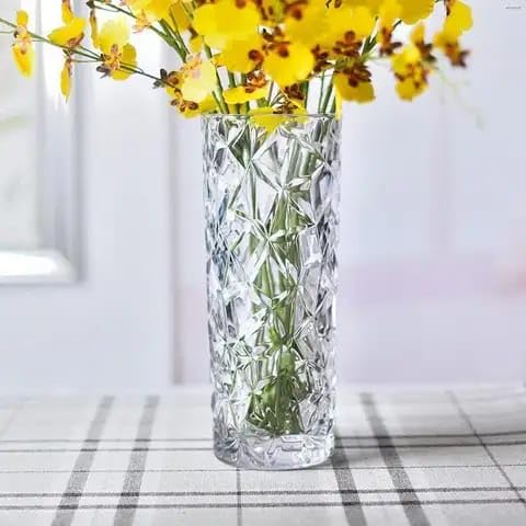 Source India Glass Dimond Cut Flower Vase (Crystal Clear 8 Inch) Clear Crystal Vase,Orchid Pattern Glass Vase for Centerpieces Modern Flower Vase Decorative