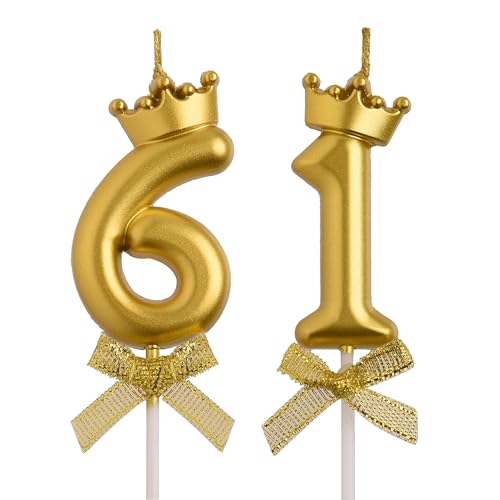 AOOLADA 61st Birthday Candles, Gold 61 Year Old Number Birthday Candles, Happy Birthday Cake Topper Gifts Party Decorations for Men Women