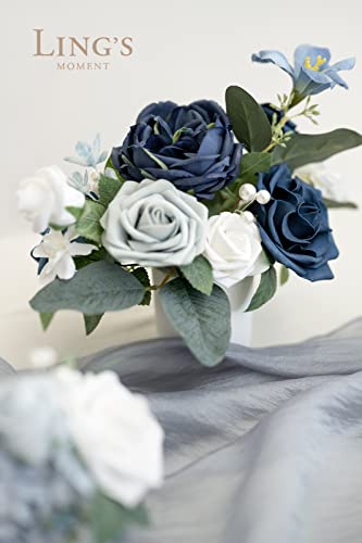 Ling's Moment Wedding Centerpiece Flower with Vase for Ceremony/Reception Tabletop Mantel Archway Aisle, Set of 4|Dusty Blue & Navy