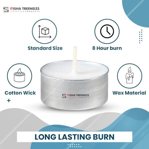 Itisha Treendzs 8-9 Hour Burn Time, Long Burning Tealights, Tea Lights Candles Long Burning - 9 Hour Tealights Unscented White Candles (Set of 75)