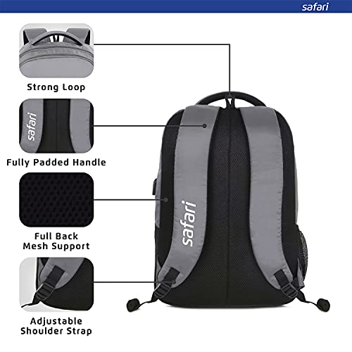 Safari Sneak 26 Ltrs Small Casual Backpack with USB Charging Port | Water Resistant Fabric - Grey