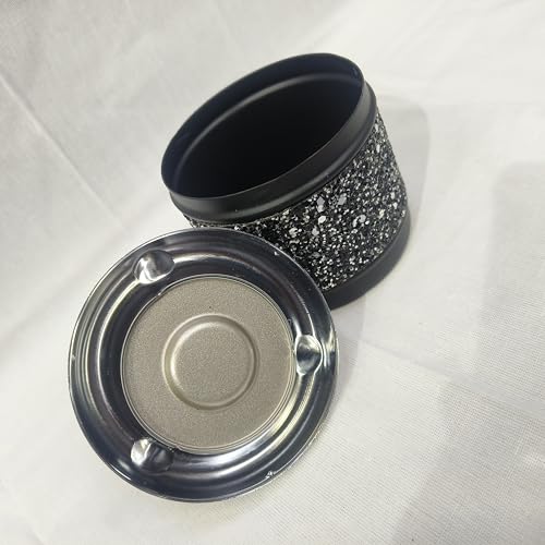 Spinning Ashtray with Glitter Design, Chrome Lid, Black Base