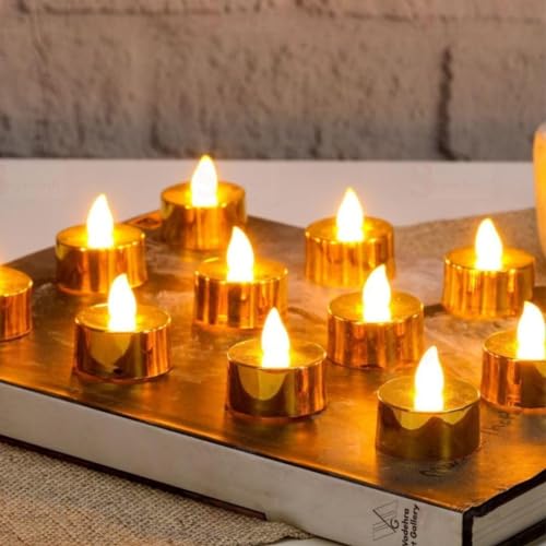 TAYLORED HOME Battery Powered Flickering Tealight Home Decor Flameless and Smokeless Decorative Acrylic Candles Led Tea Light House, Diwali, Christmas, Festival,... (Pack of 24, Golden)