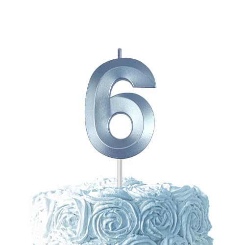 Blue 6 Number Birthday Candle for Cake, 2.76 Inch Diamond Number Cake Candles for Wedding Anniversary Decoration Happy Birthday Party Celebration