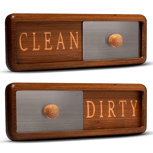 TEYGA Bamboo Dishwasher Clean Dirty Magnet Sign, with Stainless Steel Window - Dishwasher Magnet Clean Dirty, No-Scratch Strong Magnets, 2 Double-Sided Stickers, Dirty Clean Dishwasher Magnet Cover