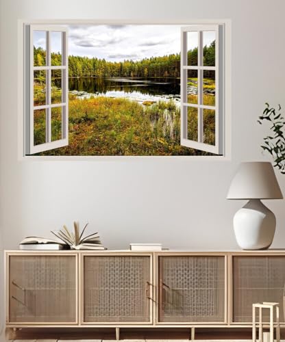 JVERF - JZZA20625 Finland Helsinki Parks Forests Autumn Lake| Self-Adhesive Open Window Wall Sticker