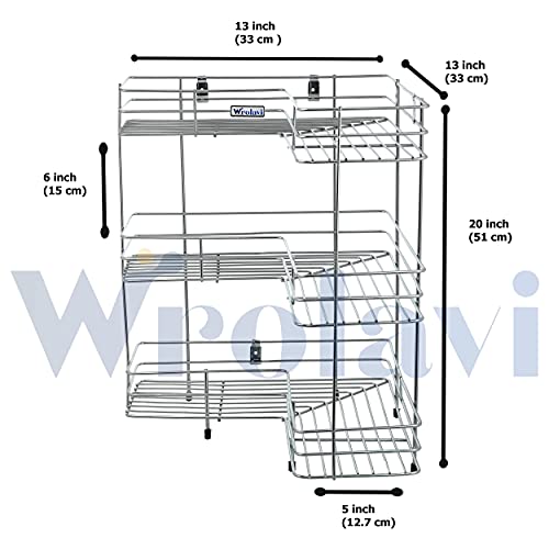 ZINBELL L Corner Shape Stand Triple Layer 3-Tier Stainless Steel Multipurpose Storage Rack/Shelf Rack for Dish Kitchen & Bathroom Polished Steel Finish (Silver, Corner Shelf)