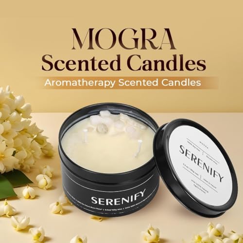 SERENIFY Scented Candles |Aromatherapy Candles | 200 gm Each Soy Wax Eco-Friendly | 24 hrs Burn Time | Home Decor | Tin Container Pack of 2 (Mogra and Mahagony)