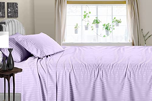 Easy Bedding- 100% Cotton Breathable Flat Bedsheet with 2 Pillow Cover- 600 Thread Count Sateen Bedsheet- 3 PC Hotel Luxury Bedsheet Set- Lavender Stripe, Single Size