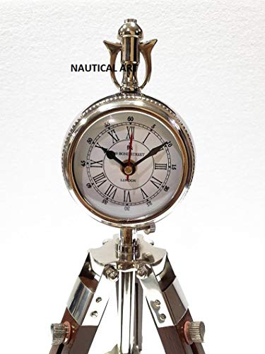 Nautical Art Vintage Table Wooden Adjustable Stand Shiny Silver Clock Nautical Style Clock