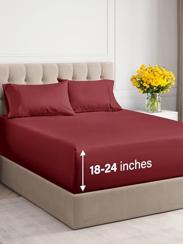 Extra Deep Pocket Full Sheets - 4 Piece Breathable & Cooling Bed Sheets - Hotel Luxury Bed Sheet Set - Soft, Wrinkle Free & Comfy - Easily Fits Extra Deep Mattresses - Deep Pocket Burgundy Sheets Set