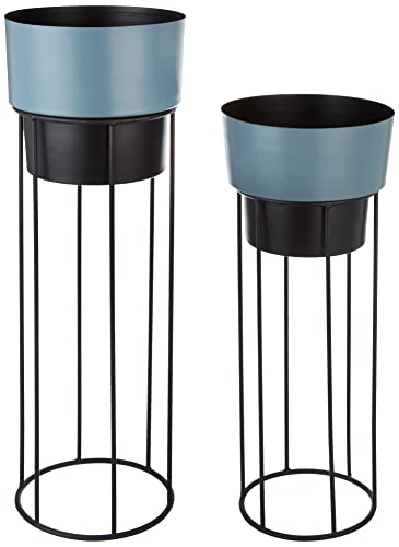 Amazon Brand - Solimo Metal Planters with Metal Stand - Grey & Black (Set of 2)