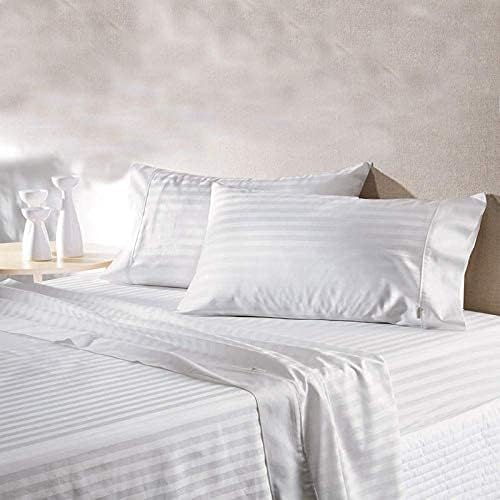 Cool Dealzz 400 TC Cotton Plain Stripes Double Queen Size Bedsheet with 2 Pillow Cover (White)