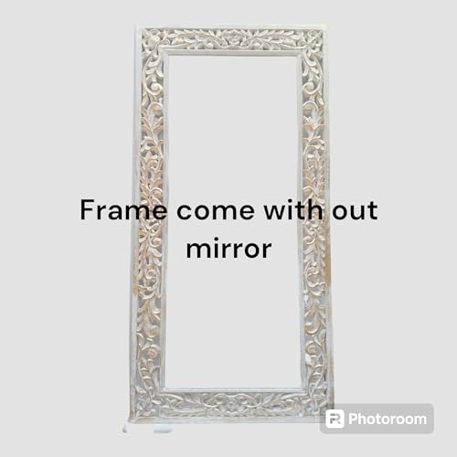 aesthetic decor (6x3 Wooden Carved Wall Mirror Frame Solid Wood, | with Out Mirror | Crown Pattern (White Distress)