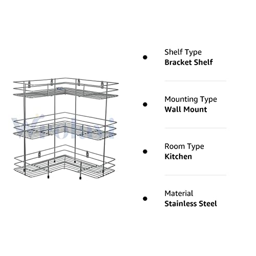 ZINBELL L Corner Shape Stand Triple Layer 3-Tier Stainless Steel Multipurpose Storage Rack/Shelf Rack for Dish Kitchen & Bathroom Polished Steel Finish (Silver, Corner Shelf)