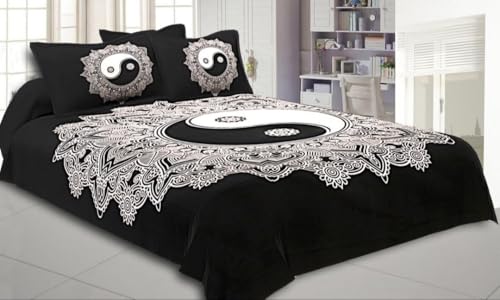 Jinaagam Queen Size Cotton Bedsheet Set with 2 Pillow Covers, Black and White Floral Pattern (Floral)