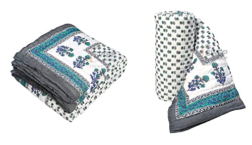 SIBLEY Rajasthani Cotton 300 TC Jaipuri Razai ac Blanket | Flower Print with Border Design Single Bed Reversible razai Quilt (Pack of 2)- 55 x 85 Inch (Blue or Grey)